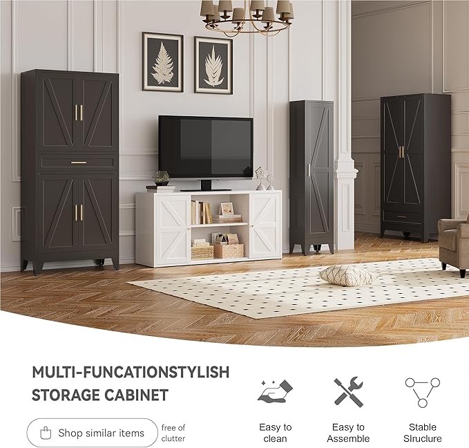 71" Tall Metal Storage Cabinet with Drawer and Adjustable Shelves,Farmhouse Kitchen Pantry Storage Cabinet with Doors,Large Wide Cabinets for Craft Room,Office,Dining Room,Bathroom(Black)