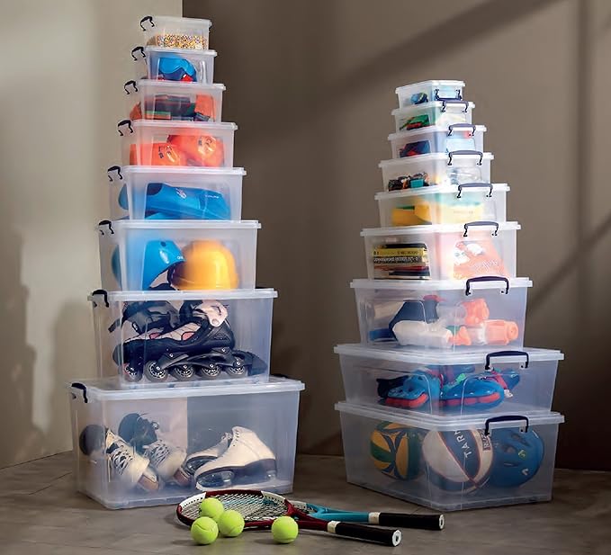 Superio Storage Bins with Lids- Clear Boxes for Organizing, Stackable Plastic Containers- BPA Free, Non-Toxic, Odor Free, Organizer for Home, Office, Dorm (8 Pack, 32 Qt (Wheeled))