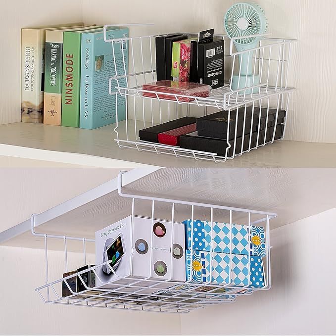 Under Shelf Storage Basket, 2-Pack Under Shelf Hanging Metal Wire Storage Basket Organizer for Kitchen, Office, Pantry, Bathroom, Cabinet, White