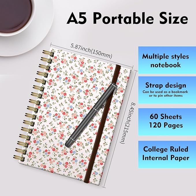 Spiral Journal Notebook, A5 Cute Notebooks for Women Men, College Ruled Hardcover Notebook for Work & Note Taking, 60 Pages Double-Wire Journals for Writing, White Pink Flowers