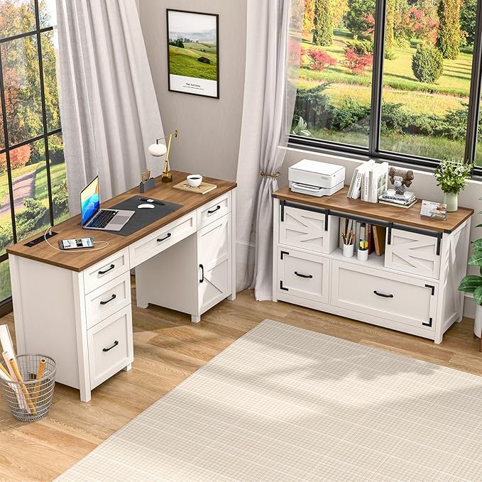 Lateral File Cabinets 2 Drawer with Sliding Barn Doors, Farmhouse Filing Cabinet with 2 Drawer for Home Officeļ¼Filing Organization Storage Cabinets for Hanging Files Letter/Legal/F4/A4.(Brown.)