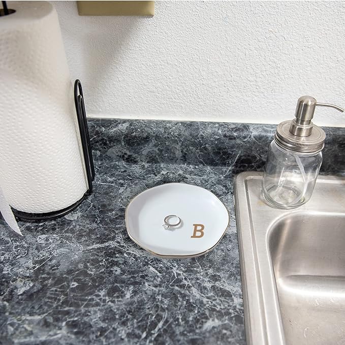 Initials Ring Dish Jewery Tray with Personalized B-Monogrammed Gifts Wedding Engagement for Women Friends sister,Ceramic White