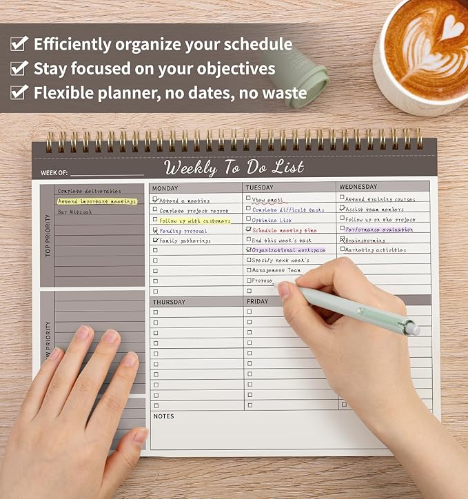 Weekly To Do List Notepad, 52 Undated Sheets (8.5"×11") Duplex-printed Weekly Planner Notepad For Work Home School Office Desk Accessories Supplies & Goal Setting Tasks - Brown