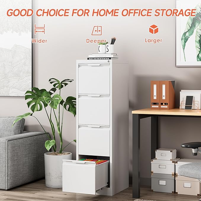 4 Drawer File Cabinet with Lock,17.8" Deep Metal Filing Cabinet,Vertical File Cabinets for Home Office,Locking File Drawer Tall for Hanging Letter/A4/Legal Folders, Easy Assemble-White