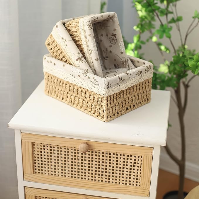 YRMT Storage Baskets Set of 3,Decorative Paper Rope Woven storage Baskets with Liner,Rectangular Storage Bins Container for Makeup Bedroom Shelves Organizing,Home Deco, Beige
