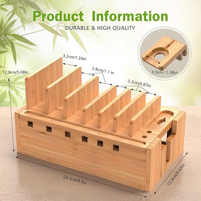 Pezin & Hulin Bamboo Charging Station for Multiple Devices with 5 Port USB Charger, 5 Cables and Watch Stand. Wood Desktop Docking Stations Organizer for Cell Phone, Tablet, Watch, Office Accessories