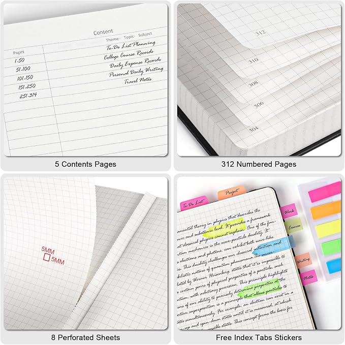 Graph Paper Notebook, 312 Numbered Pages Large A4 Hardcover Leather Journal, 100gsm No Bleed Grid Paper Notebook with Index Pages, Squared Grid Notebook for Graphing Notes Math, 8.5'' × 11'', Black