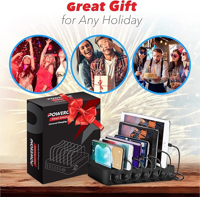 USB Charging Station - 6 Port Universal Charging Station for Multiple Devices - Multi Device Charger Dock - Compatible with Apple, iPad, iPhone, Android Cell Phones, and Tablets - Black