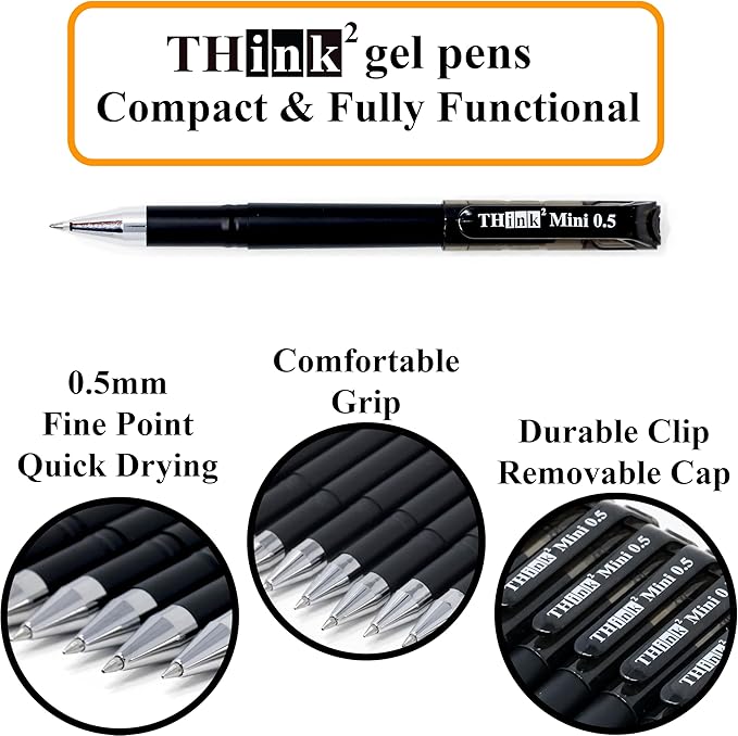 THINK2MASTER [24 Pens - Black Ink Think2 0.5mm Pocketable Mini Gel Pens. (24 Black) Fine Point Small Rollerball Pens with Smooth Quick Drying Ink.