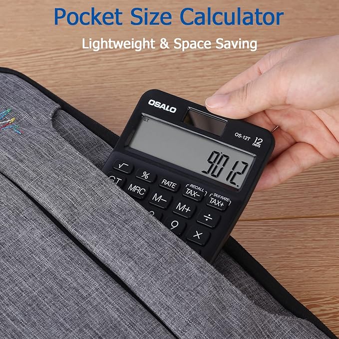 Pocket Small Size Desk Calculator, 12 Digit Large LCD Display, Basic Tax Function Handheld Desktop Calculator with Solar Battery Dual Power, Perfect for Office, School, Business OS-12T (Black)