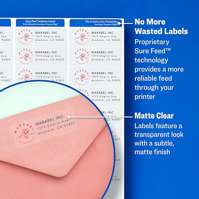 Avery Printable Address Labels with Sure Feed, 1" x 2-5/8", Matte Clear, 750 Blank Mailing Labels (08660)
