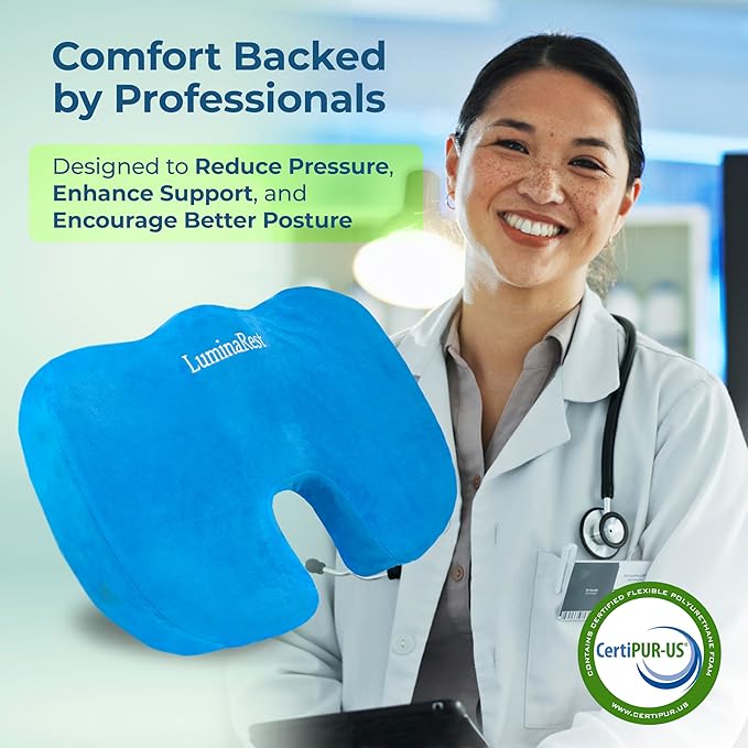 LuminaRest® Gel Enhanced Seat Cushion for Long Sitting – CertiPUR-US® Certified Memory Foam – Tailbone Pain Relief Cushion, Adaptable for Office, Car, Airplane & Wheelchair – (Blue)