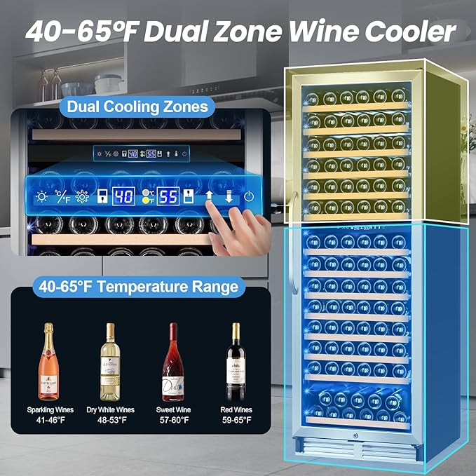 180 Bottles Wine Fridge 24 Inch Dual Zone Wine Cooler Refrigerator Freestanding Wine Refrigerator with Glass Door and Safety Lock, Large Wine Cellar for Home, Office, Kitchen