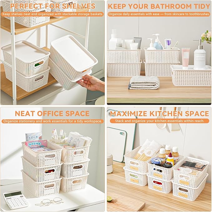 10 Pack Plastic Storage Bins with Lids, Stackable Storage Baskets with Handles, Plastic Organizer Bins with Labels for Desk,Shelves,Office, PlasticContainer Bins for Pantry Organizers and Storage