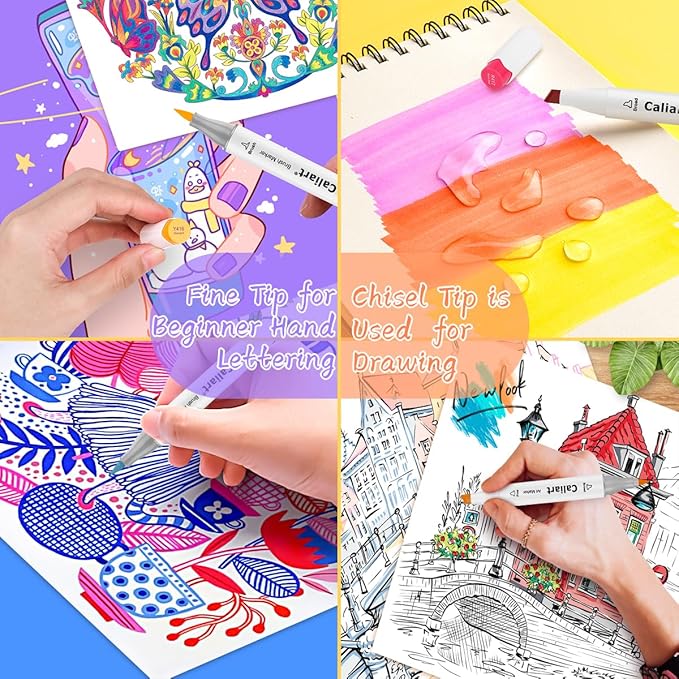 Caliart 24 Colors Fine & Chisel Permanent Alcohol Markers, Dual Tip Artist Sketch Art Markers Set for Adult Coloring Book, Aesthetic Cute School Supplies, Pens for Drawing Coloring Illustrations