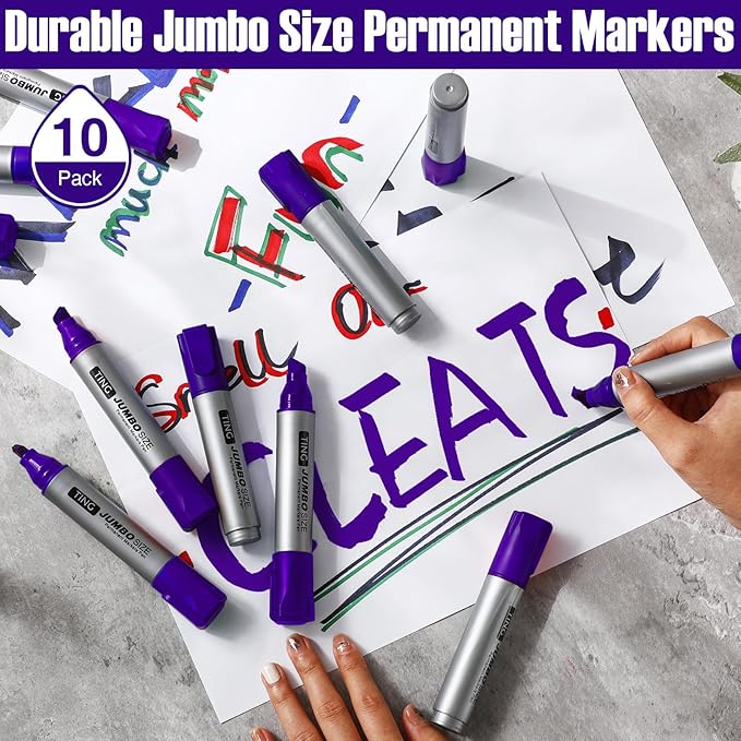 Fuutreo 10 Pack Jumbo Permanent Markers Bulk Large Chisel Tip Permanent Markers Quick Drying Waterproof Big Huge Poster Pens for Office, Logistics Company and More(Purple)