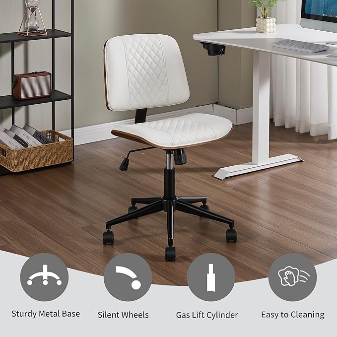 Small Home Office Chair - Armless Mid Back Desk Chair with 360° Swivel and Wheels, PU Upholstered Height Adjustable Modern Walnut Computer Chair for Home, Office Meeting Room - White