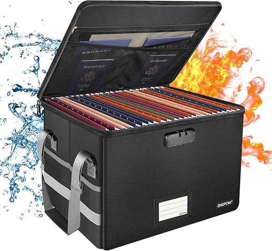 ENGPOW File Box with Lock,Fireproof Document Box with Zipper&Pockets,Collapsible File Organizer Filing Storage Cabinet with Handle,Portable Home Office Safe for Hanging Letter/Legal Folder,Black