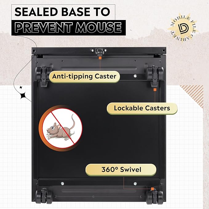 DEVAISE 3 Drawer Mobile File Cabinet Under Desk Office, Fully Assembled Except Casters, Letter/Legal Size, Black