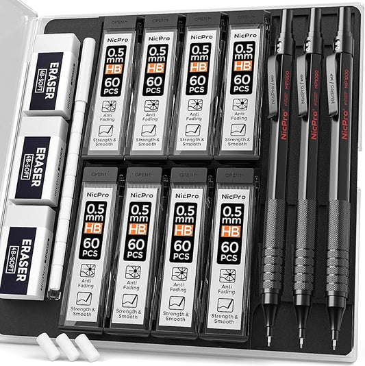 Nicpro 0.5 mm Mechanical Pencils Set with Case, 3 Metal Artist Pencil With 480PCS HB Lead Refills, 3 Erasers,9 Eraser Refills For Architect Art Writing Drafting, Drawing, Engineering, Sketching, Black