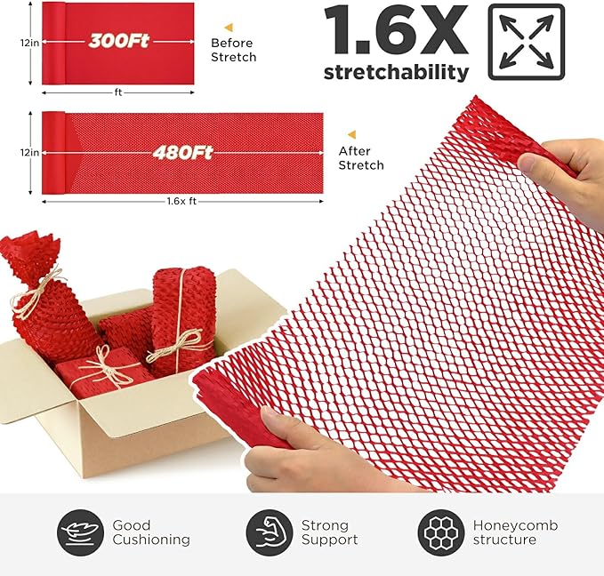 Honeycomb Packing Paper, 12"x300' Red | Perforated Honeycomb Packing Paper Recyclable Moving Supplies for Shipping & Moving | Plastic-Free Alternative to Bubble Cushion Wrap with 36 Fragile Stickers