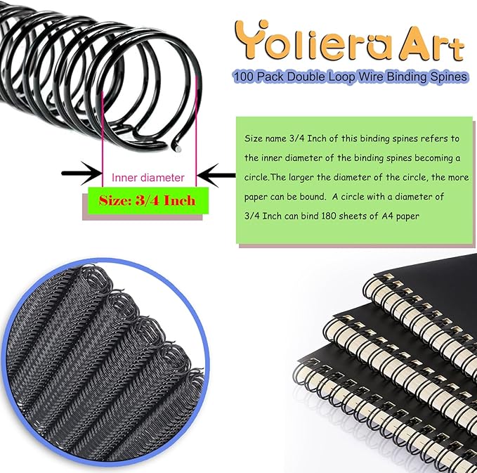 100 Pack Metal Twin Loop Binding Wire Coils, 34-Loop, 3/4" Cinch Book Binding Wire, 3:1 Pitch, YolieraArt Double Loop Bindings180 Sheet Capacity Fit for School Office Notebook Maker Black