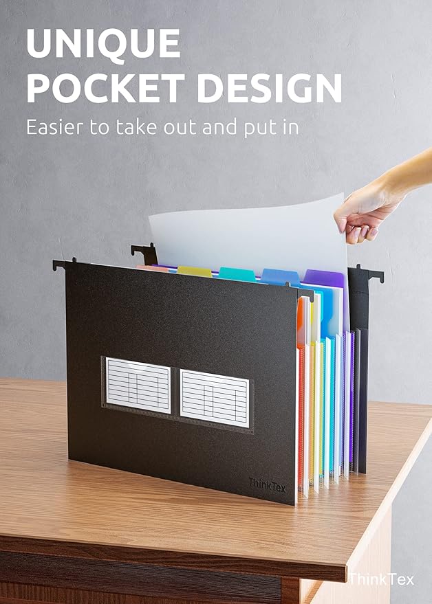 ThinkTex Plastic Expanding Hanging File Folders, 7 Innovative 1.2" Accordian Pockets, Large Capacity, Multi-Color Tabs, Letter Size for Filing Cabinet - 3 Packs