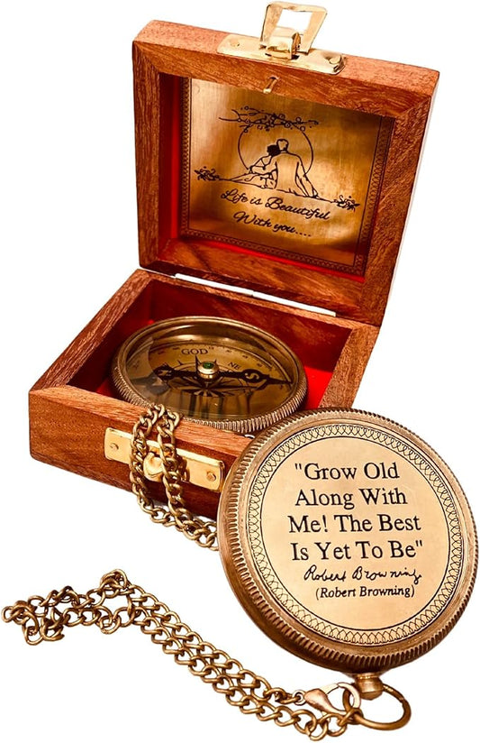 Gift for Husband Wife - Brass Compass 2" | Engraved Quote Birthday Wedding Anniversary Christmas Romantic Love Gifts idea for Boyfriend Girlfriend Men Women Him Her (Grow Old Along with Me)