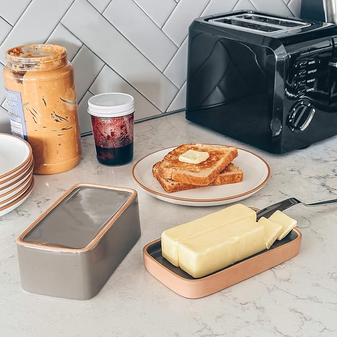 Mora Ceramic Two-in-One Butter Dish with Lid, Covered Butter Crock Container to Leave on Countertop - Large Storage Keeper/Holder for Kitchen, Gifts for Her, Butter Tray For Counter - Sesame Milk