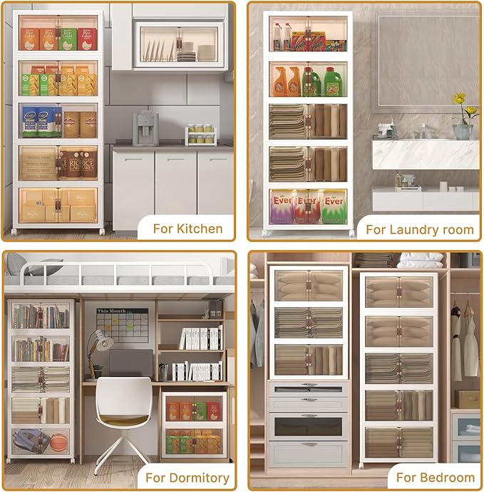 Extra Large Stackable Storage Bins with Lids & Wheels, Foldable Collapsible Closet Organizers Storage Cabinet with Doors for Bedroom Dorm (White, 600QT-120QT/30GAL*5Pack)