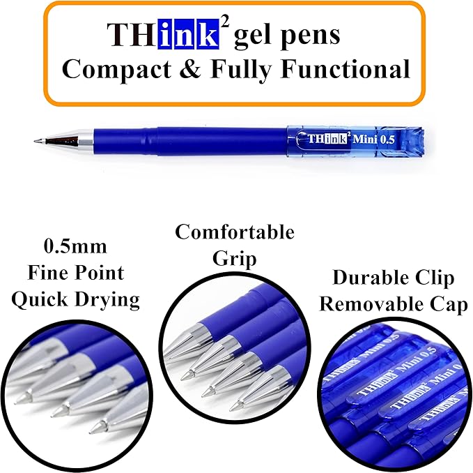 THINK2MASTER [24 Pens - Blue Ink Think2 0.5mm Pocketable Mini Gel Pens. (24 Blue) Fine Point Small Rollerball Pens with Smooth Quick Drying Ink.