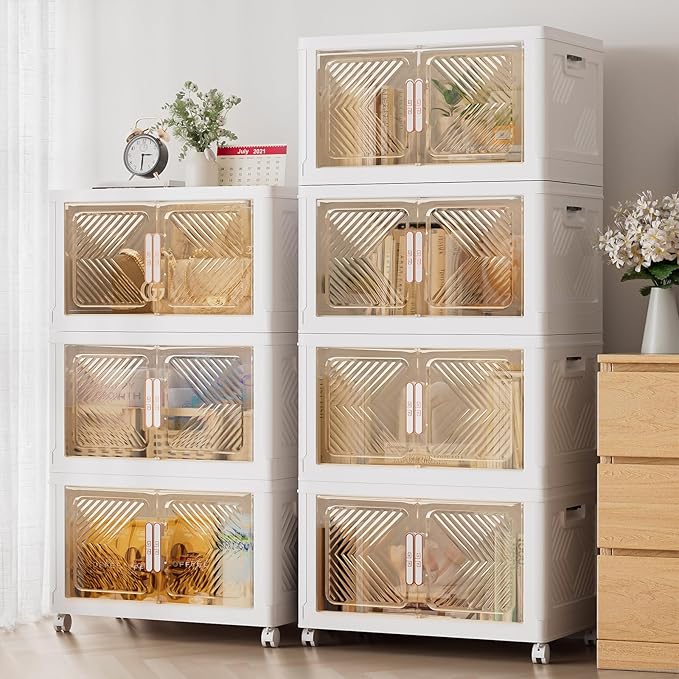 Storage Bins with Lid 48QT, Stackable Storage Containers with Wheels and Magnetic Doors, Plastic Clothes Closet Organizers and Storage Box for Home and Office (4 Pack)