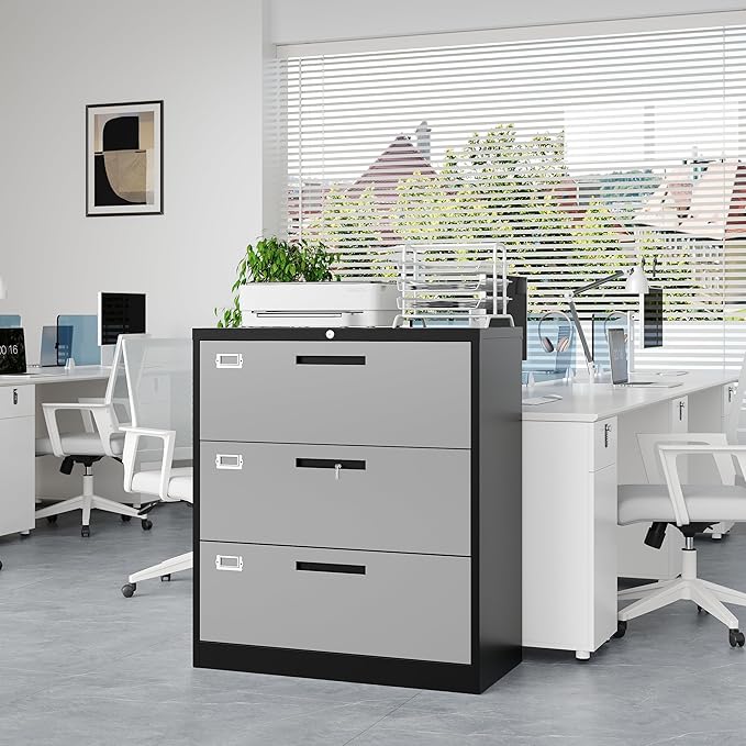 3 Drawer File Cabinet, Lateral Filing Cabinets for Home Office, Office Storage Drawers with Lock, Hanging Files Legal/Letter A4 Size (Assemble Required,Black Grey)