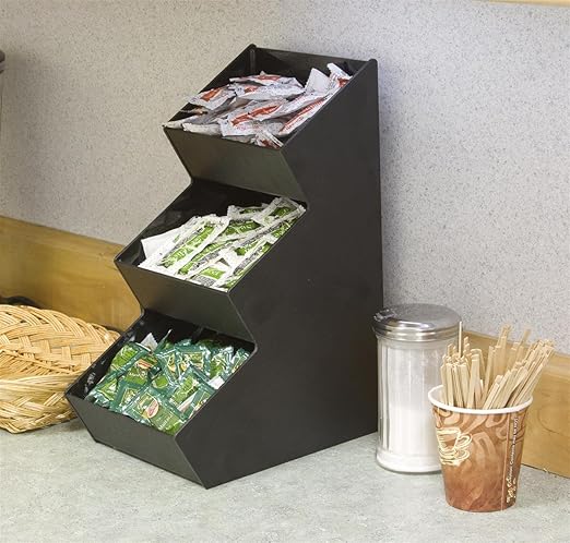 Displays2go Countertop Organizer with 3 Pockets for Condiments 3-Tiered, Space Saving Design with Open Pockets, Easy to Clean Black Acrylic