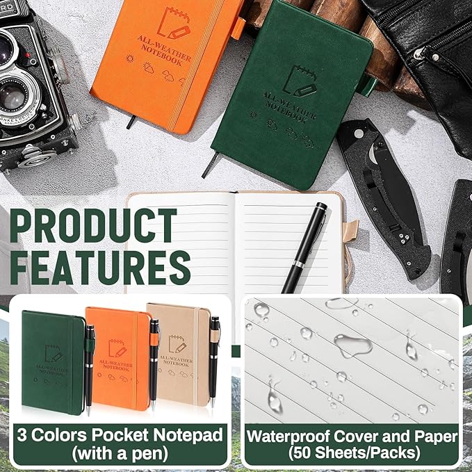 3 Packs Waterproof Notebook 4" x 6" Stone Paper Notebook All-weather Small Pocket Notepad A6 Steno Pads Rain Waterproof Notepad for Woodworker Outdoor Wild Hiking(Brown, Green, Orange)