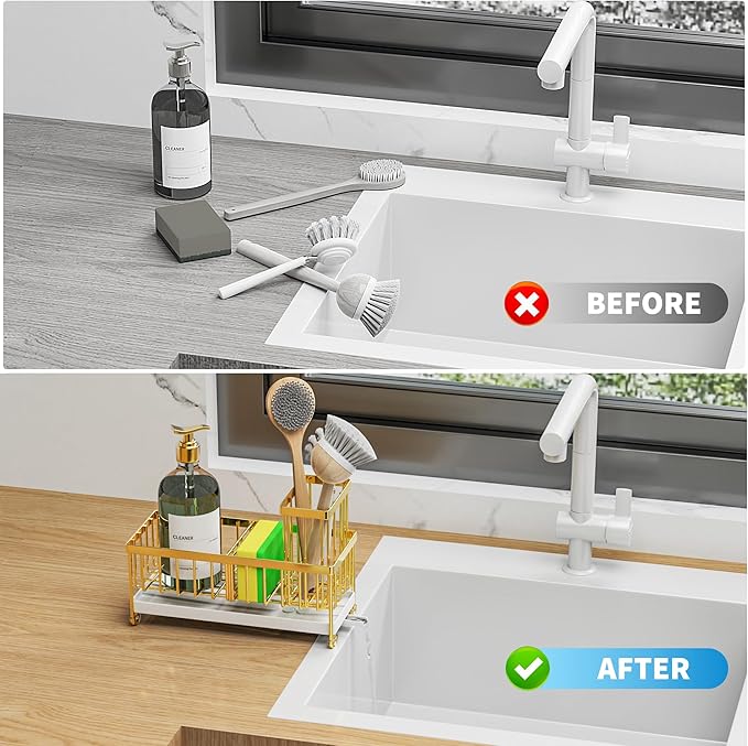 Cisily Gold Sponge Holder for Kitchen Sink, Sink Caddy Organizer with High Brush Holder, Kitchen Countertop Organizers and Storage Essentials, Rustproof 304 Stainless Steel, Soap Dispenser Organize