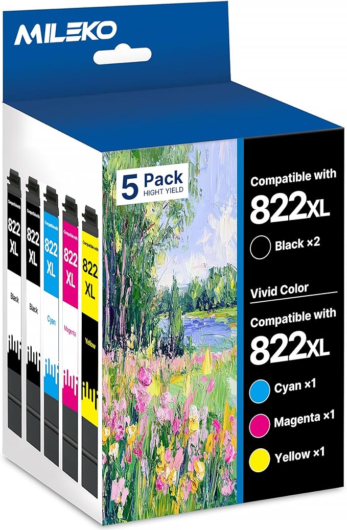 822XL Ink Cartridges Remanufactured Replacement for Epson 822XL Ink Cartridges for Epson 822 822 XL T822 for Epson WF-3820 Printer Workforce Pro WF-4820 WF-4830 WF-4833 WF-3823 Printer(5 Pack, 822XL)