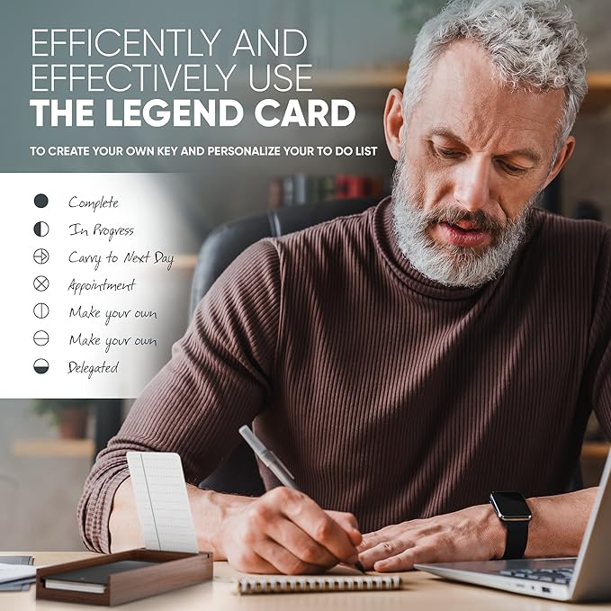 Undated Daily Planner To Do List Notepads and Walnut Stand - 120 Checklist Cards, 10 Goal Cards - Perfect Note Pads for Work Desk or School - ADHD Office Accessories - Productivity Task Analog