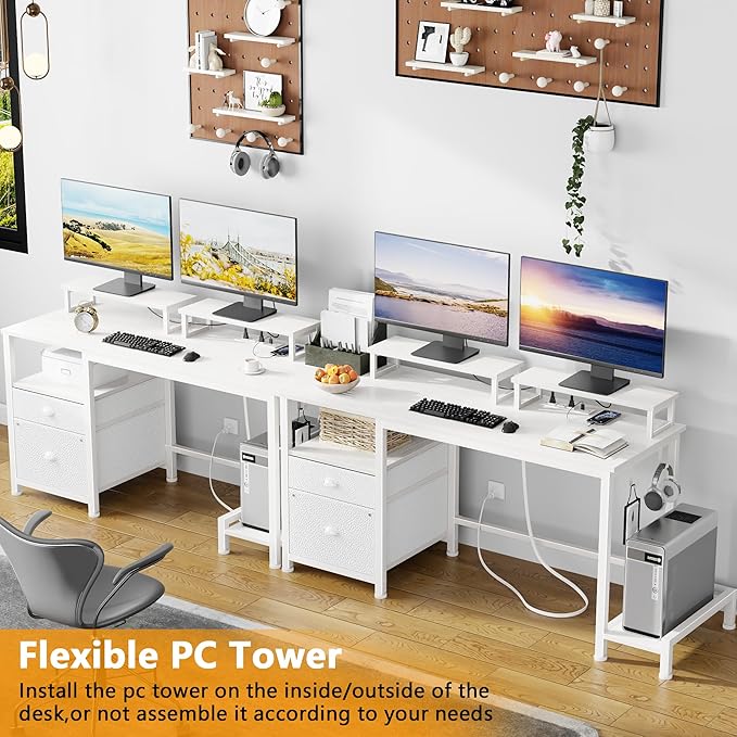 Furologee 47" Computer Desk with File Cabinet and Power Outlets, Home Office Desk with 2 Monitor Stands and Storage Drawer, Writing Gaming Table with Shelves and 2 Hooks for Bedroom, White
