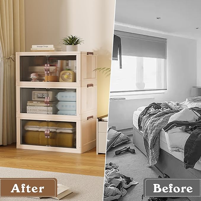 SAILUN 87Gal/348Qt Stackable Storage Bins Folding Collapsible Storage Bins with Lid, Closet Organizers and Storage Beige 26" W x 17" D x 43.7" H