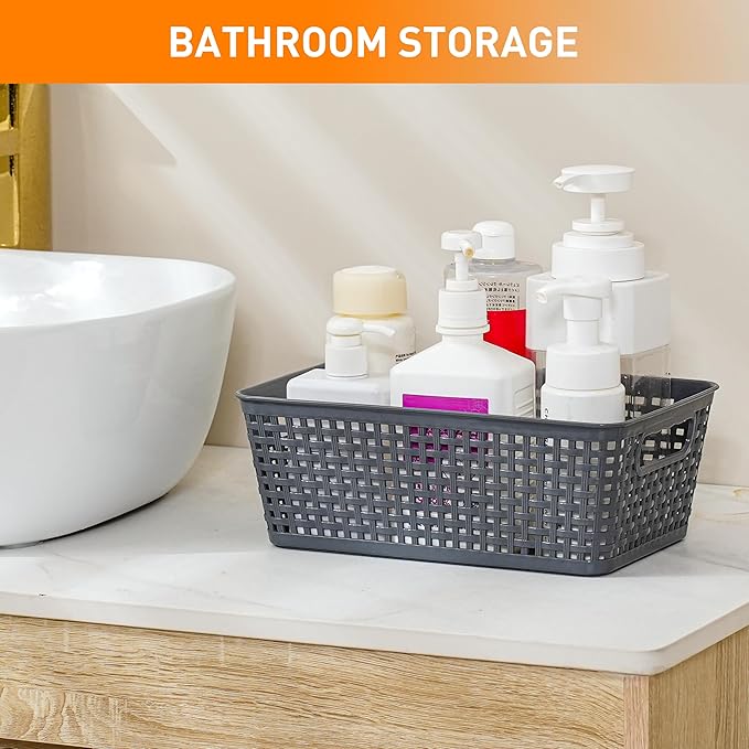 Plastic Storage Baskets With Lid, Storage Bins for Organizing, Stackable Decorative Containers for Shelves Drawers Desktop Closet Playroom Classroom Office, 8 Pack-Grey