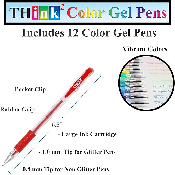 Think2 24 Pack School Supplies Kit. Includes 3 Highlighters, 4 Permanent Markers, 2 Dry Erase Markers, 12 Color Gel Pens and 3 Retractable Pens. Study Supplies