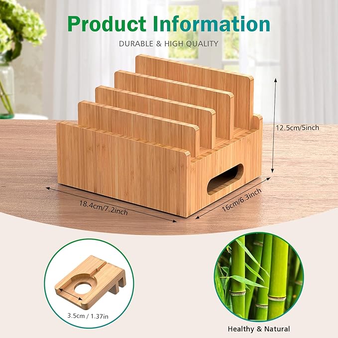 Pezin & Hulin Cell Phone Charging Stations, Bamboo Dock Organizer for Multi Devices, Tablets, Smart Watch, with Pack 5 Cables, No Power Charger Supply