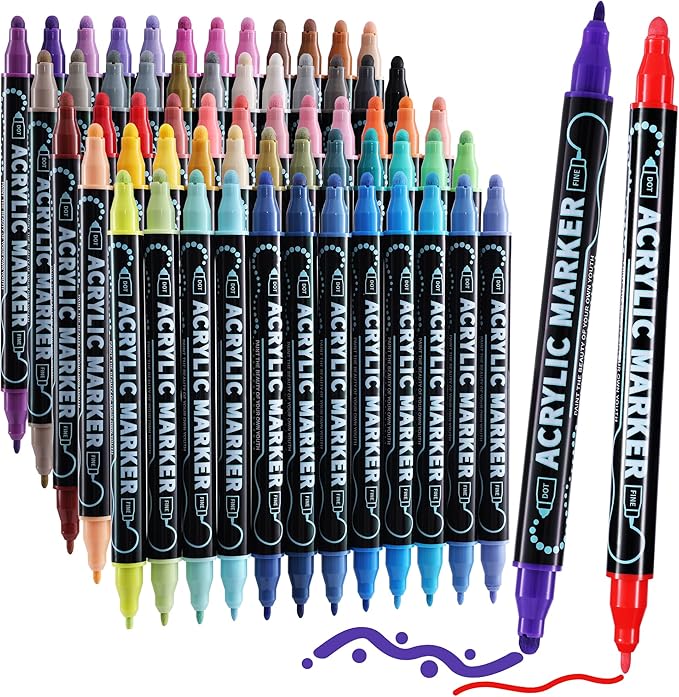 60 Colors Waterproof Dual Tip Acrylic Paint Markers, Dot & Fine Tip Premium Coloring Markers Set for Rock, Glass, Wood, Ceramic Surfaces and DIY Crafts Making Art Supplies