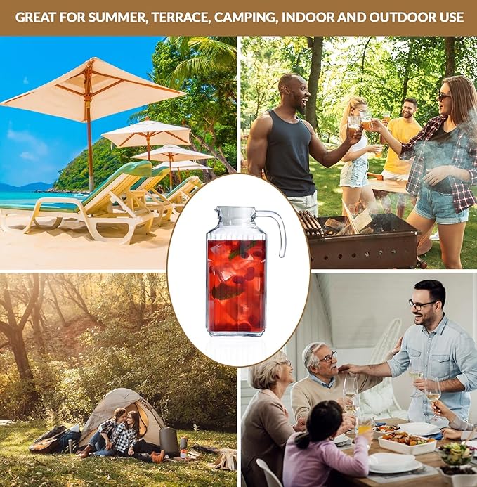 Glass Pitcher with Lid – Set of 2 Glass Water Pitcher 55Oz – Cold Carafe for Ice Tea, Water, Lemonade, Coffee – Elegant and Modern – Practical Spout Pitchers for Drinks