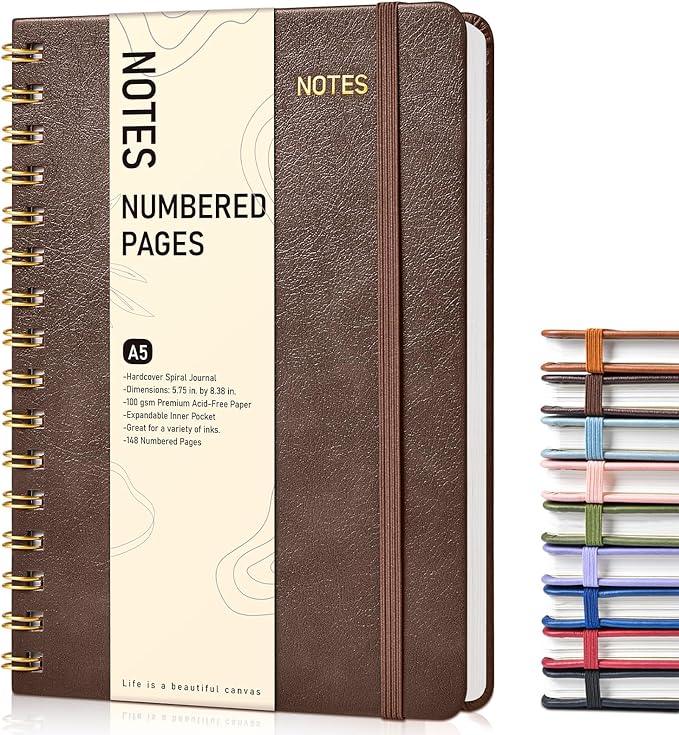 Lined Spiral Journal Notebook, A5 Hardcover Spiral Journals for Women Men, 150 Numbered Pages Spiral Bound Notebook, 100 GSM College Ruled Notebooks for Writing Note Taking 5.75" x 8.38", Dark Brown