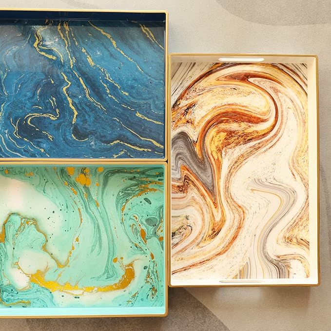 White Marbling Decorative Tray with Handles, Morden Plastic Rectangular Serving Tray for Coffee Table Bathroom, Ottoman, Home Decor, 15.7"* 10.2"* 1.38"