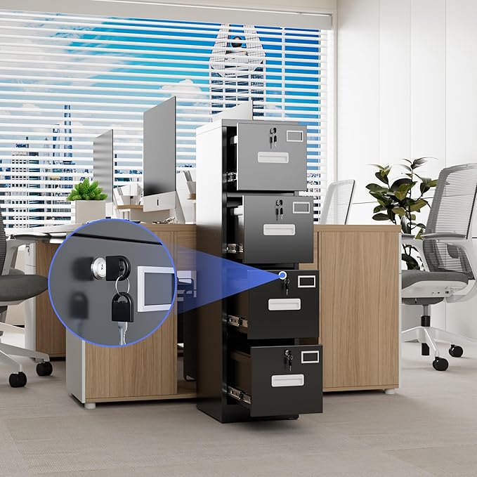 4 Drawer File Cabinet, Metal Vertical Filing Cabinet with 4 Lock,Office Home File Cabinet with Name Card Holder for A4 Letter/Legal Size, 14.96" W x 17.72" D x 55.2" H, Assembly Required(Black)