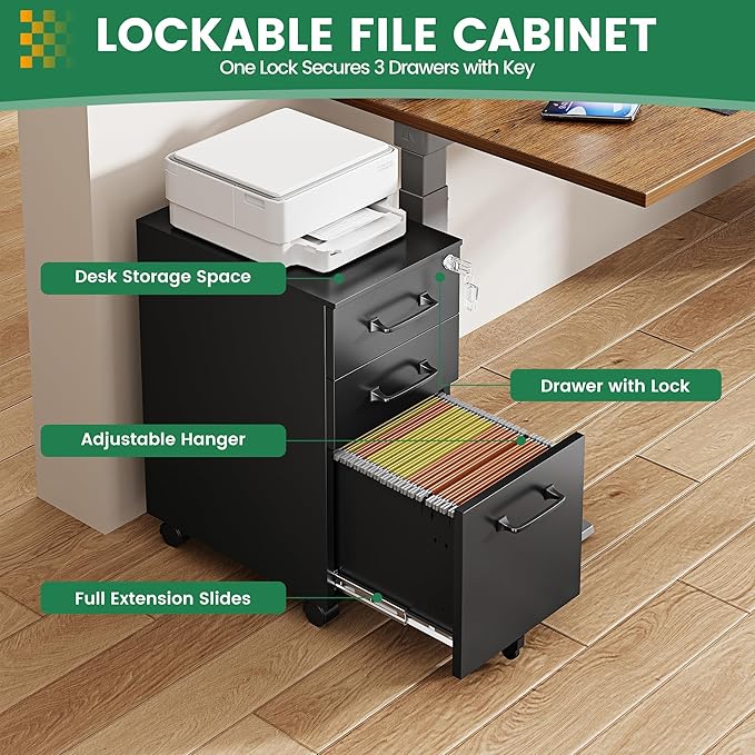 3 Drawer Slim File Cabinet, Mobile Filing Cabinet with Lock,Black Rolling Narrow File Cabinets with Casters, Under Desk Office Cabinets for Home Office,Fit A4/Letter/Legal(Unassembled)