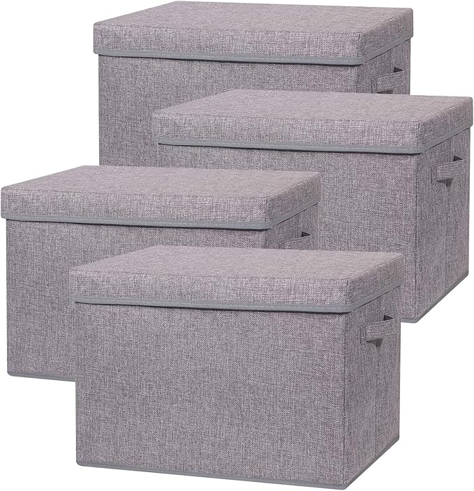 4 Pack Large Foldable Storage Box with Lids Fabric Storage Cube Organizer Cloth Containers Bins Baskets for Closet Clothes Clothing Bed Room